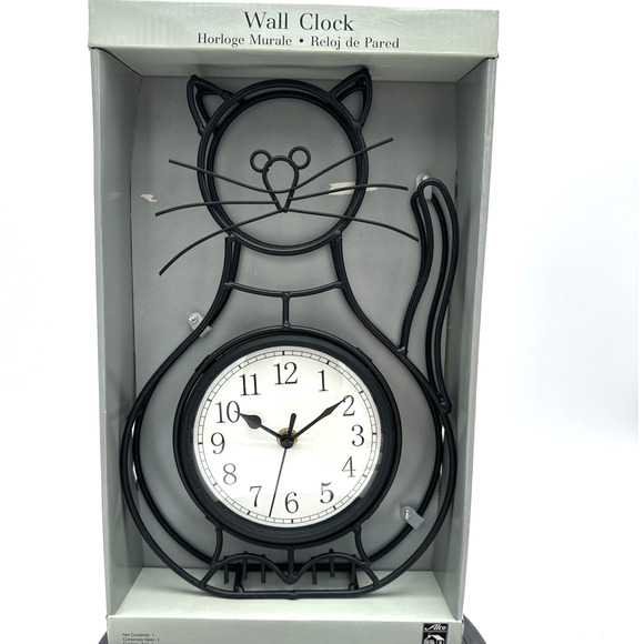 HomeTime Black Metal Wire Cat Clock Whimsical Desk or Wall Decor - Picture 1 of 4